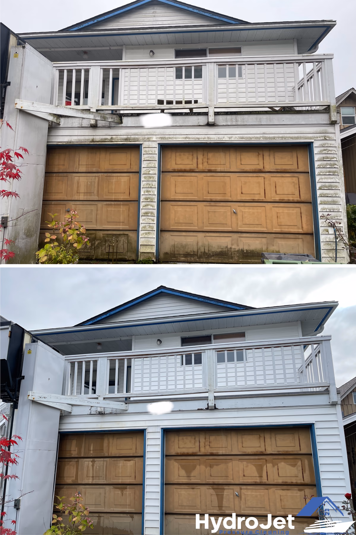 Before-and-after comparison of house siding cleaned by HydroJet