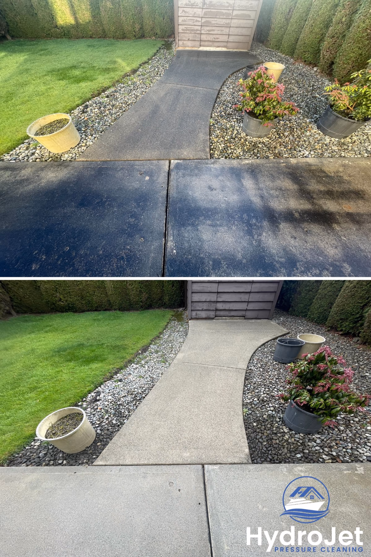 Before-and-after comparison of a concrete walkway cleaned by HydroJet